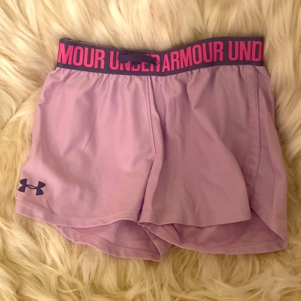 Under Armour girls athletic shorts. Purple with pink waistband.